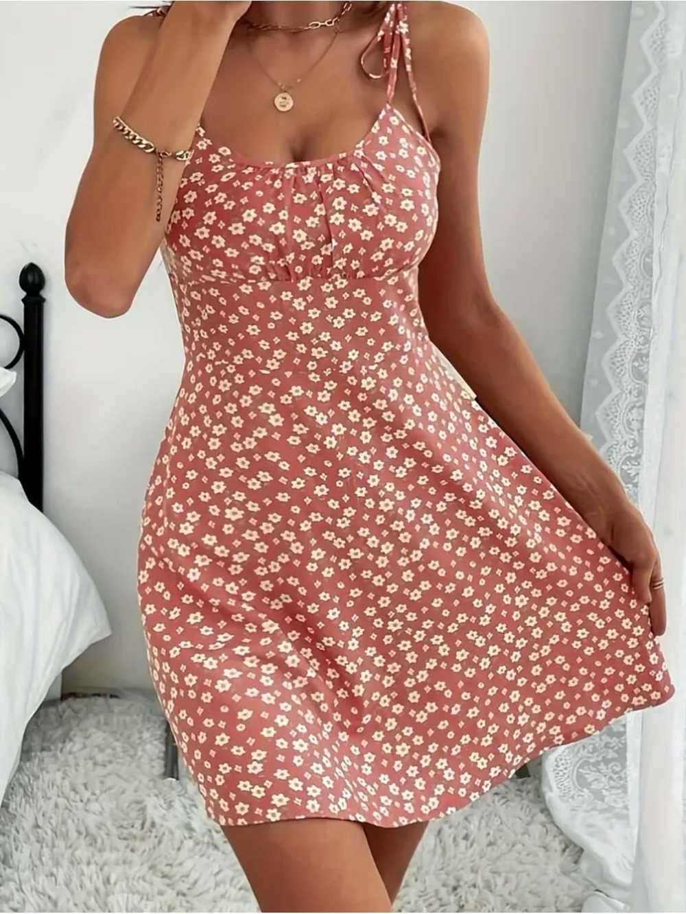 Women’s Dusty Rose Floral Tie-Strap Mini Dress